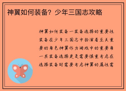 神翼如何装备?少年三国志攻略